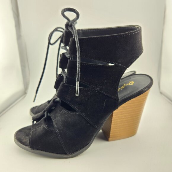Qupid DC92 Black Suede Gladiator Heels | Women’s Size 6.5 Peep Toe Bootie Sandal - Picture 3 of 10